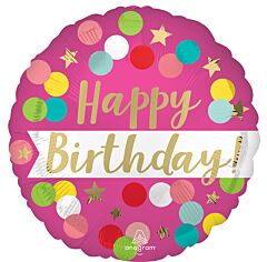 18" Mylar - Satin Happy Birthday Pink Confetti