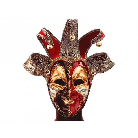 Venetian Jester Mask with Bells - Red and Black
