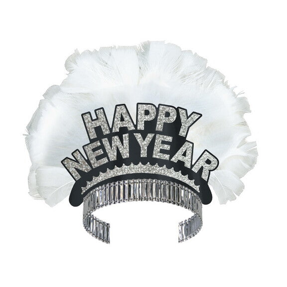 Deluxe Black HNY Tiara w/ Silver Glitter and White Feathers