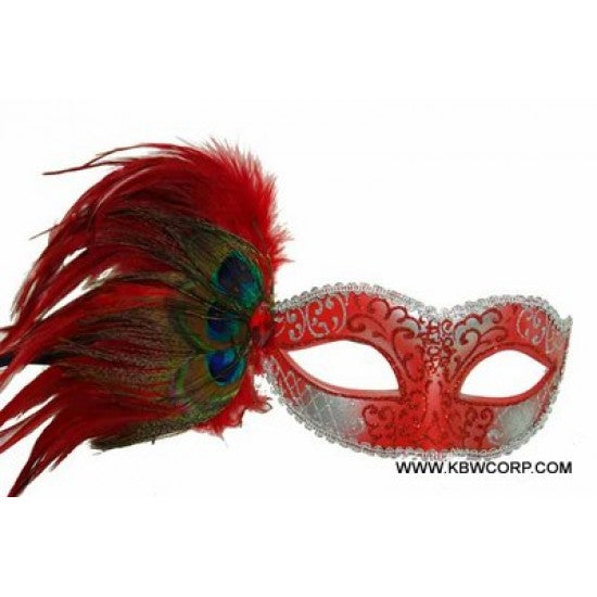 Venetian Mask with Peacock Aside - Red and Silver