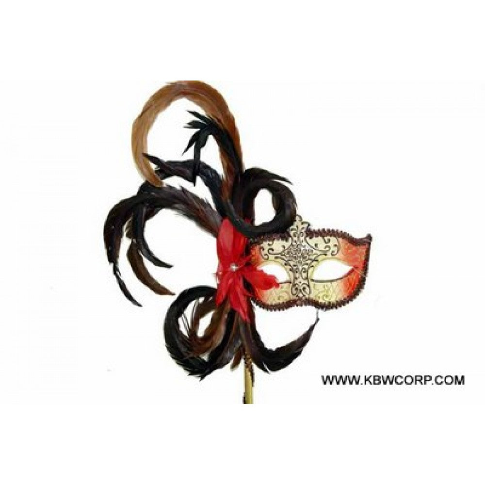 Venetian Styled Mask Hand Held - red and gold