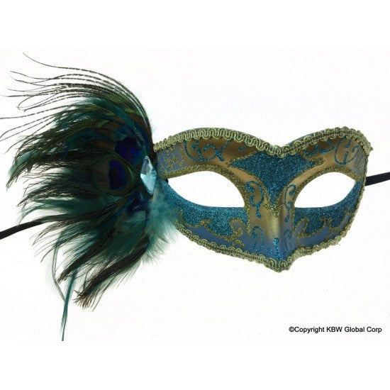 Venetian Mask with Peacock Aside - Gold and Sky Blue