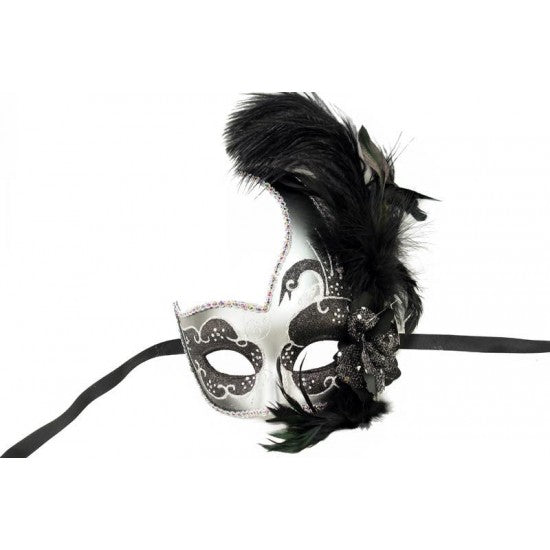 Venetian Mask with Feather - Black and Silver