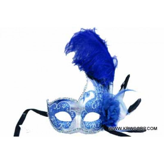 Venetian Mask with Feather - Blue and Silver