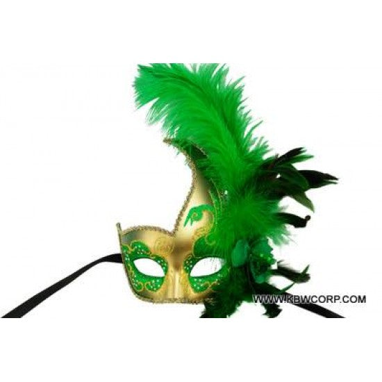 Venetian Mask with Feather - Green and Gold