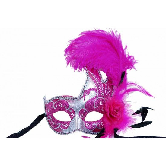 Venetian Mask with Feather - Hot Pink and Silver