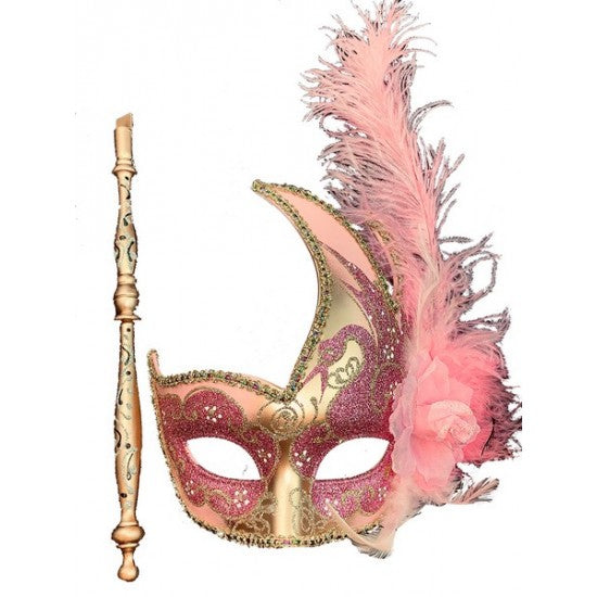 Venetian Mask with Feather - Pink and Gold
