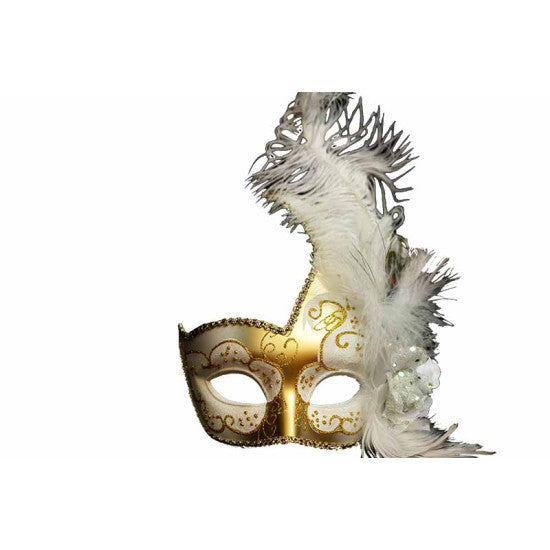 Venetian Mask with Feather - White and Gold
