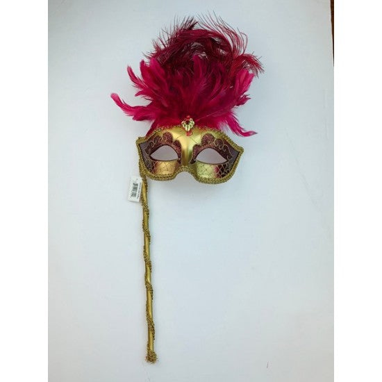 Burgundy Gold Feather Mask With Stick