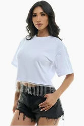 Cropped T-Shirt w/ Rhinestone Fringe - White