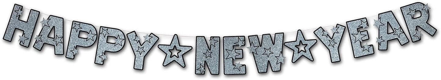 Glittered Happy New Year Streamer - Silver