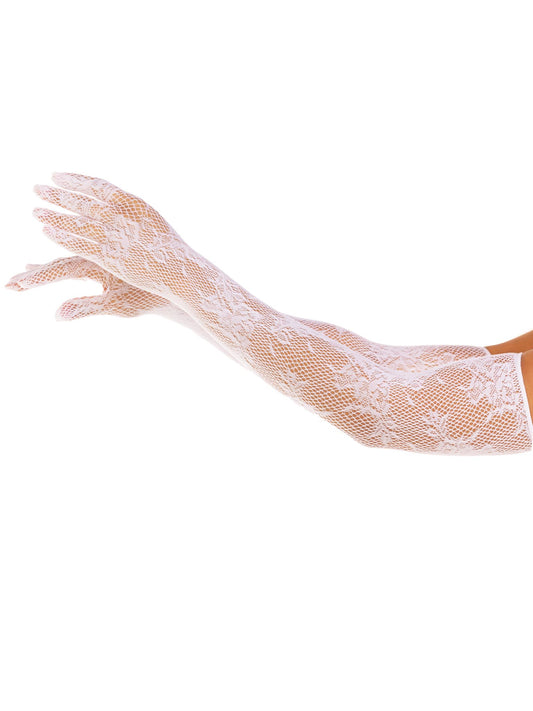 Opera Length Floral Net Gloves - White