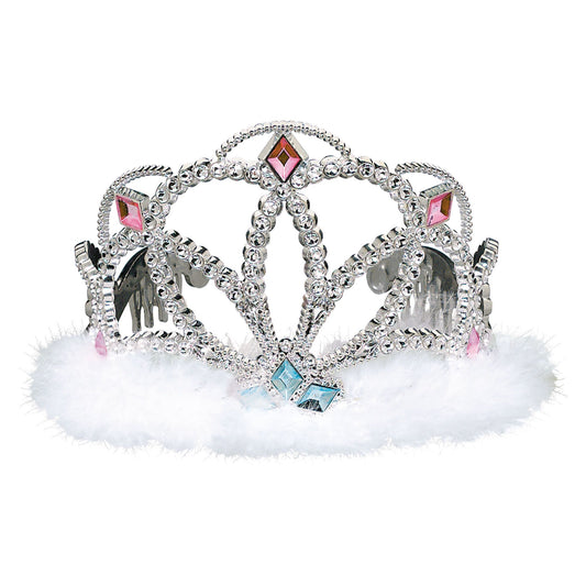 Tiara Diamond Electroplated Plastic w/Marabou - White