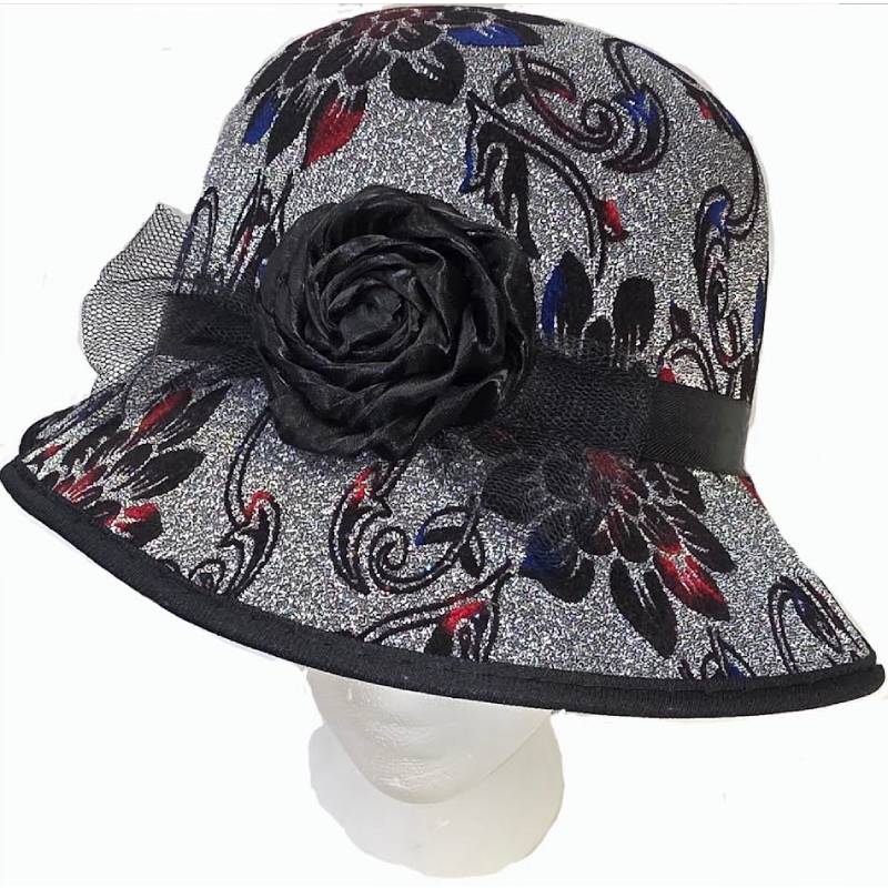 Silver Sparkling Cloche Hat With Floral Print