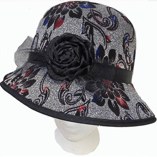 Silver Sparkling Cloche Hat With Floral Print