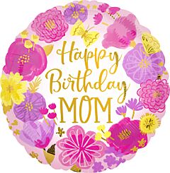 18" Mylar - Happy Birthday Mom Painted Flowers