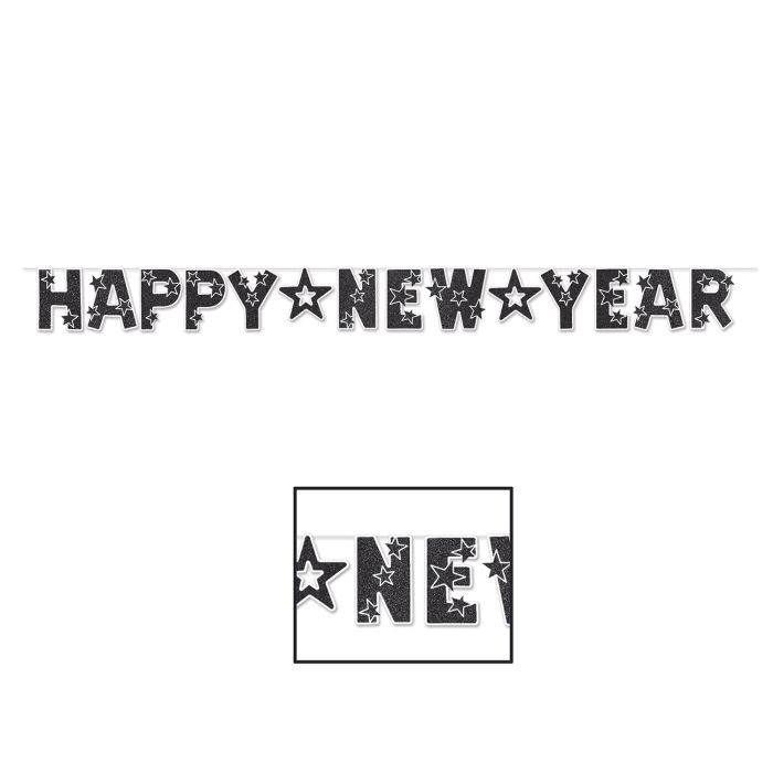 Glittered Happy New Year Streamer - Black & White