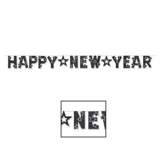 Glittered Happy New Year Streamer - Black & White