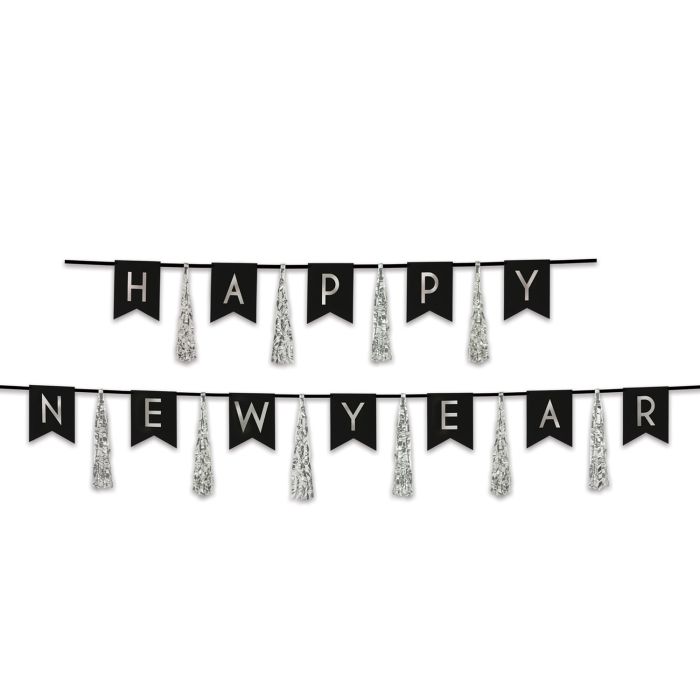 Happy New Year  Streamer With Tassels - Silver