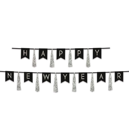 Happy New Year  Streamer With Tassels - Silver