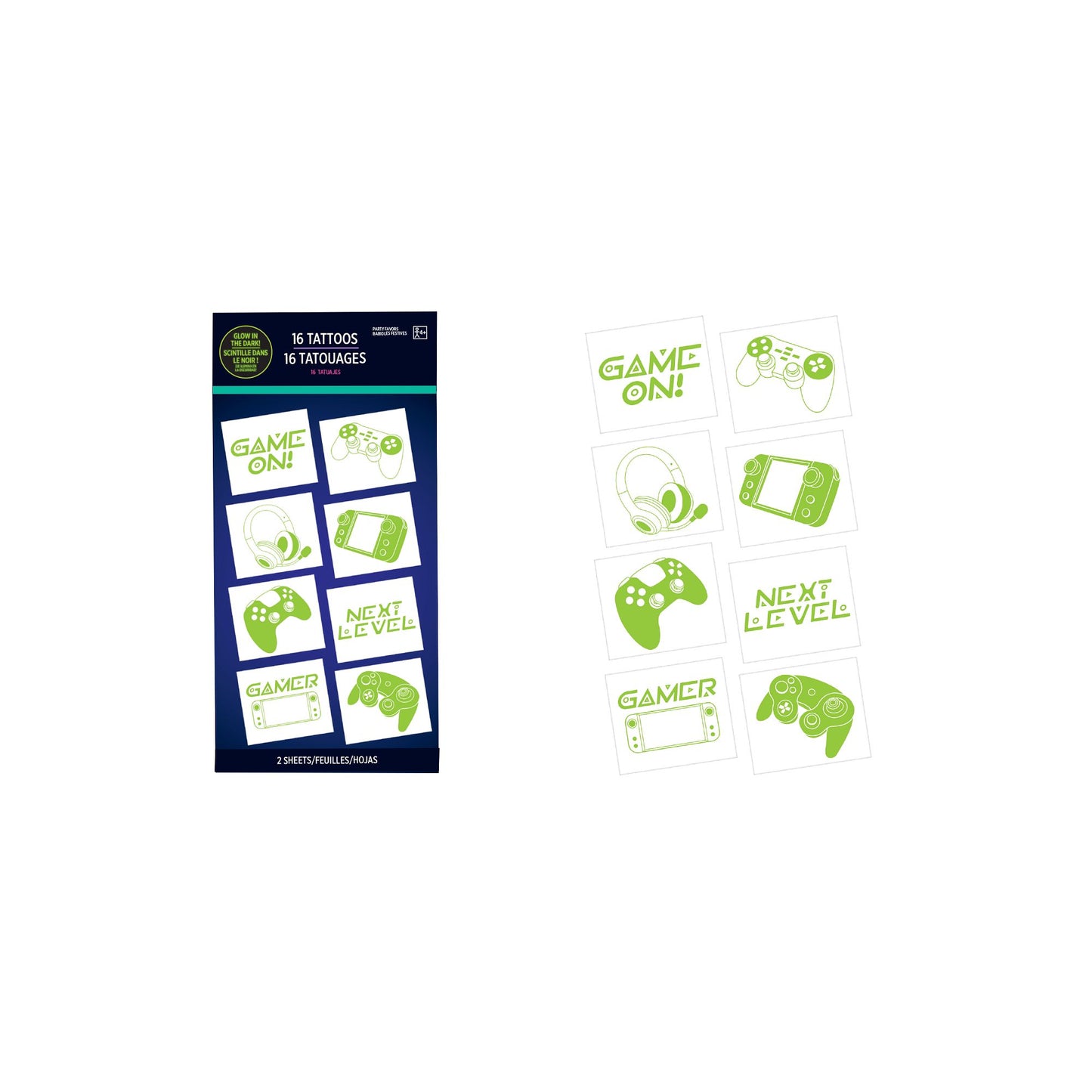 Game On - Glow In Dark Tattoo Sheets 2ct