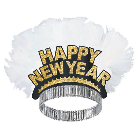 Deluxe Black HNY Tiara w/ Gold Glitter and White Feathers