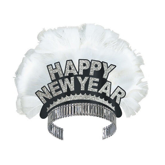 Deluxe Black HNY Tiara w/ Silver Glitter and White Feathers