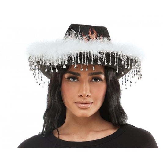 Black Cowboy Flames Hat with Rhinestone Fringe
