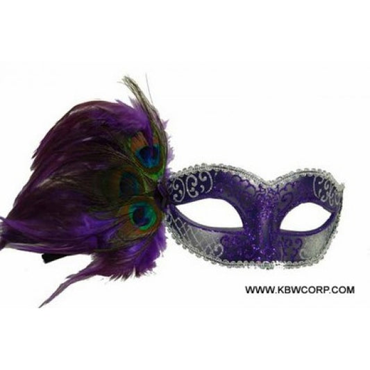 Venetian Mask with Peacock Aside - Purple and Silver