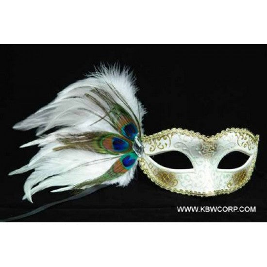 Venetian Mask with Peacock Aside - White and Gold