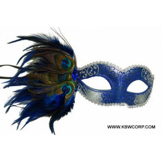 Venetian Mask with Peacock Aside - Blue and Silver