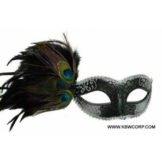 Venetian Mask with Peacock Aside - Black and Silver