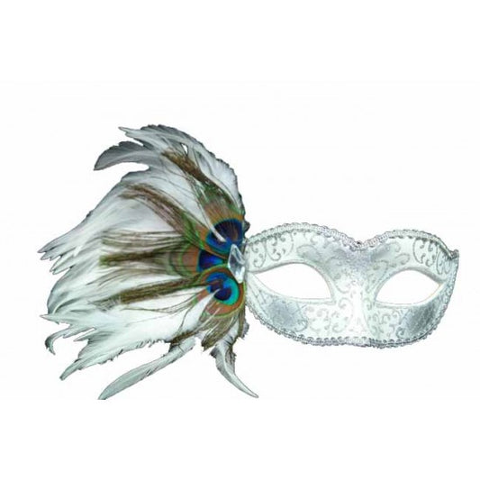 Venetian Mask with Peacock Aside - White and Silver
