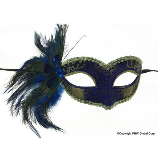 Venetian Mask with Peacock Aside - Gold and Blue
