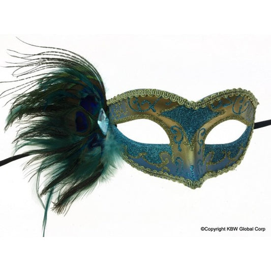 Venetian Mask with Peacock Aside - Gold and Sky Blue