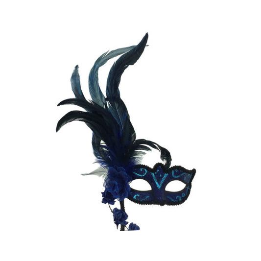 Blue Venetian Styled Feather Mask With Stick