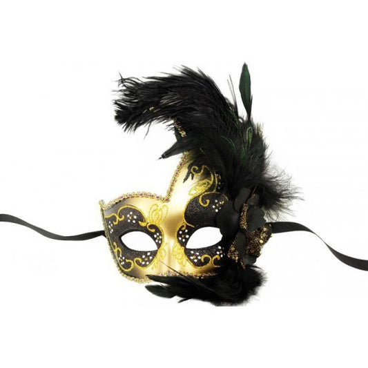Venetian Mask with Feather - Black and Gold