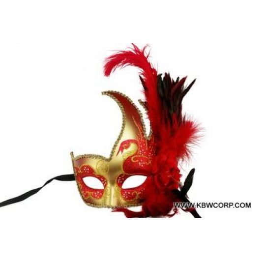 Venetian Mask with Feather - Red and Gold