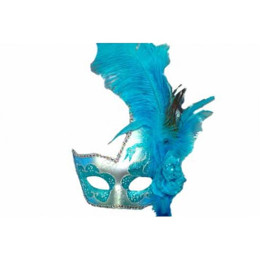 Venetian Mask with Feather - Blue and Silver