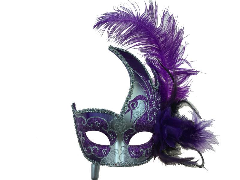 Floral Feather Masquerade Mask w/ Stick - Purple