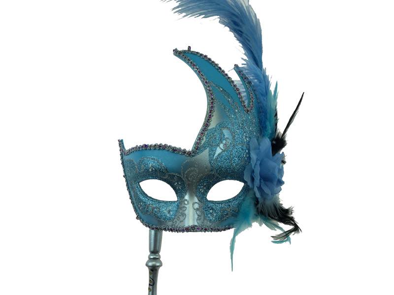 Floral Feather Masquerade Mask w/ Stick - Blue