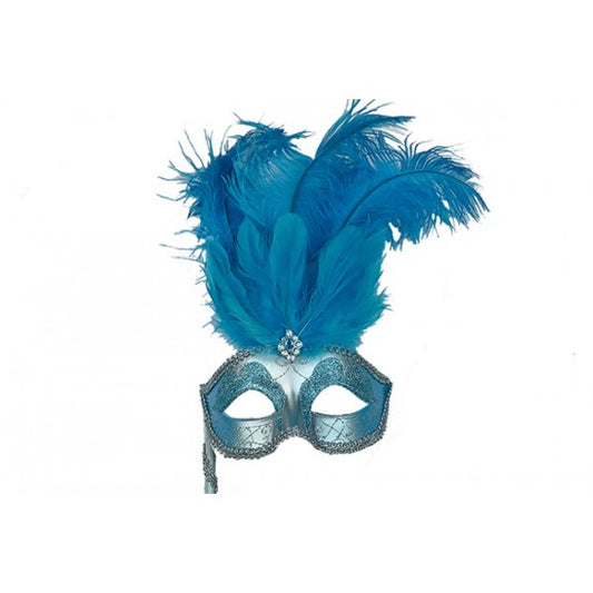 Sky Blue Silver Feather Mask With Stick