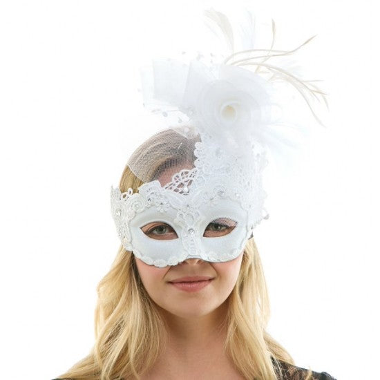 White Lace Mask with Rose and Feathers