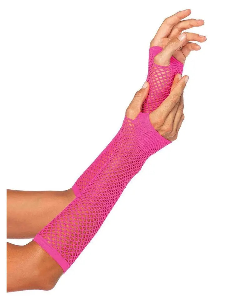 Fishnet Fingerless Gloves - Neon Pink