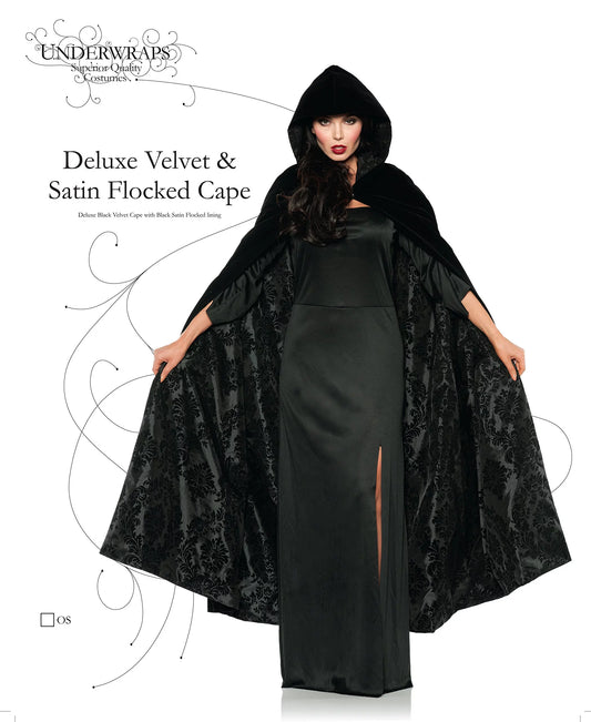 Deluxe Velvet & Satin Flocked Cape - Black