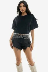Cropped T-Shirt w/ Rhinestone Fringe - Black