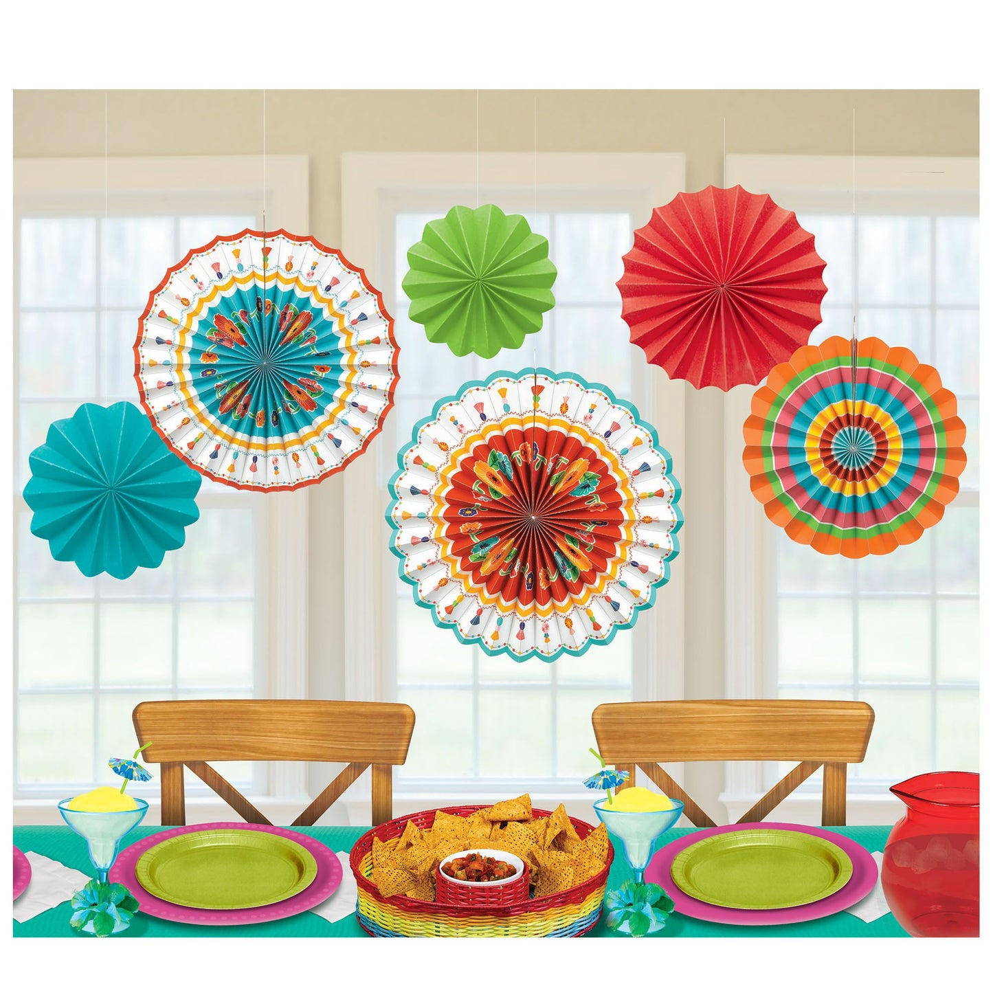 Hanging Decorations - Fiesta Paper Fans 6ct