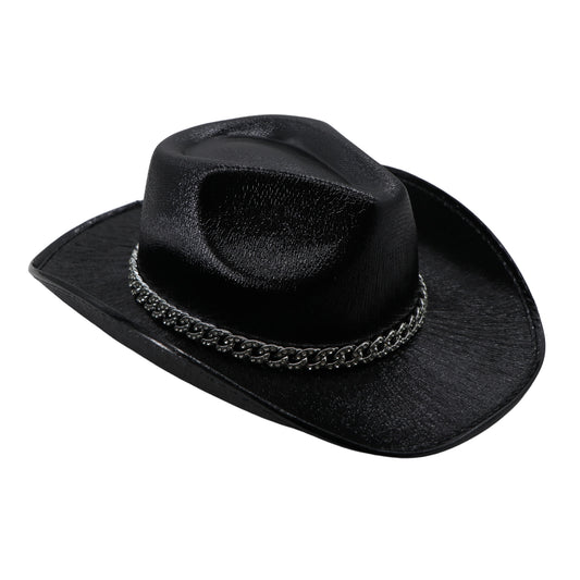 Black Metallic Cowboy Hat w/ Rhinestone Chain