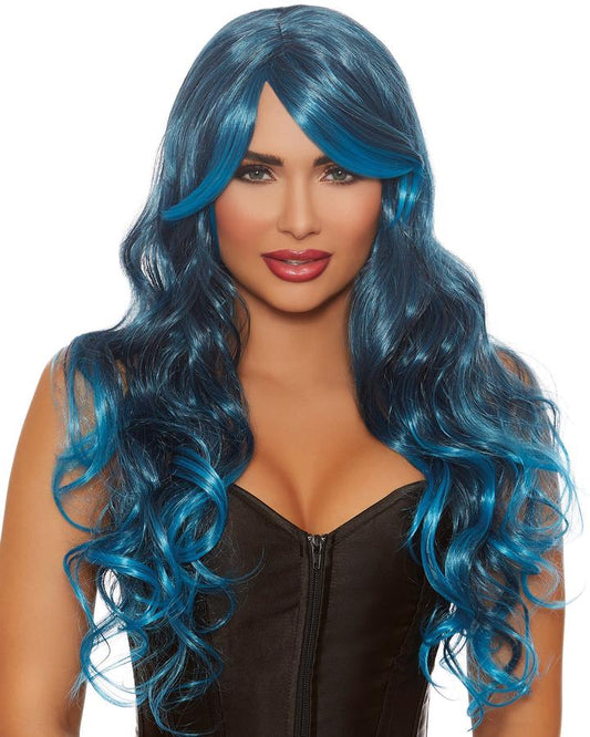 Long Wavy Ombre Layered Wig - Steel Blue/ Bright Blue